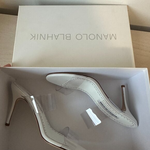 NWT Manolo Blahnik Scolto 90 Sandals White Leather Sz 36.5 Clear PVC Strap - Picture 4 of 10